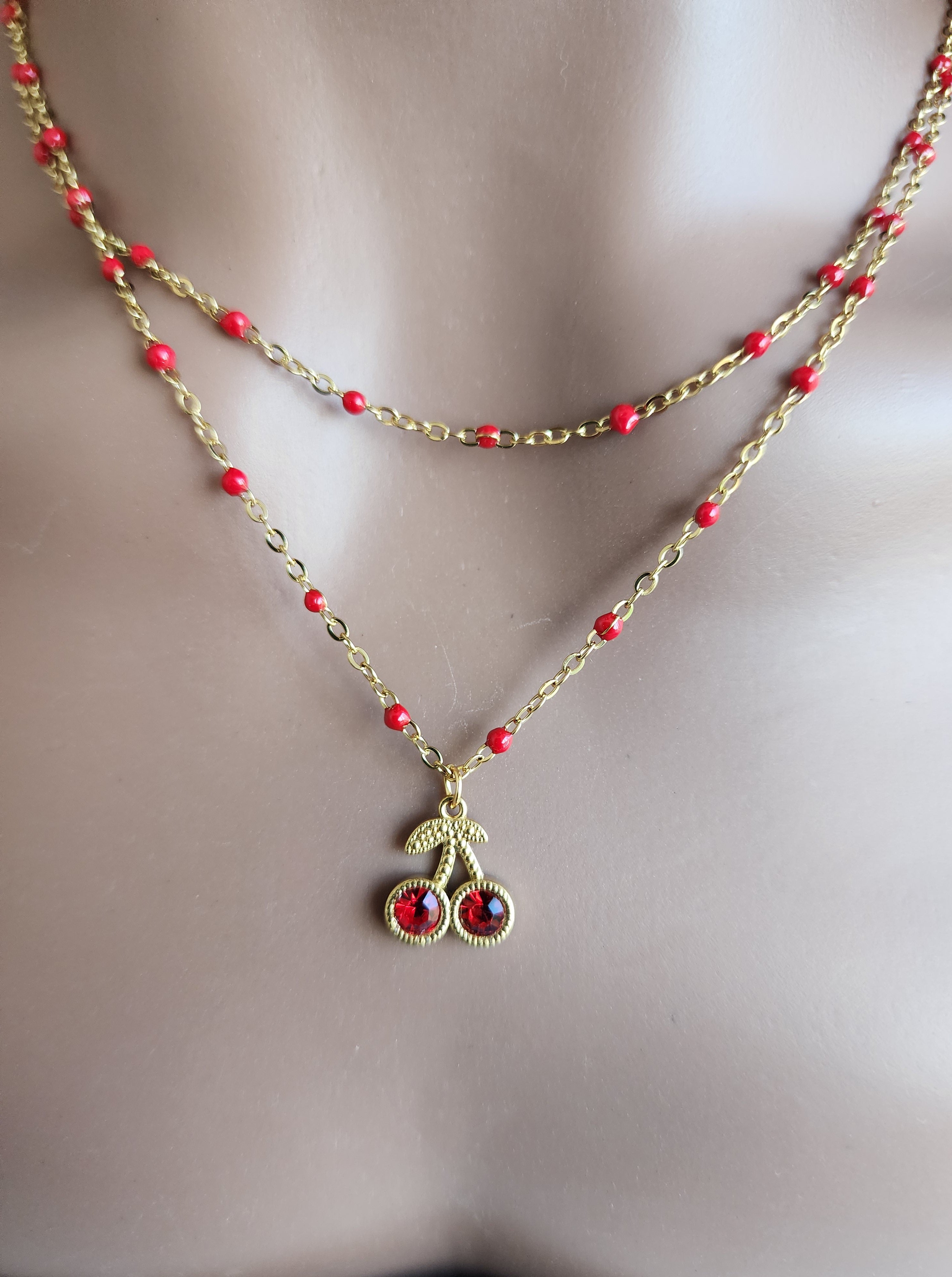 Collier double pendentif cerises