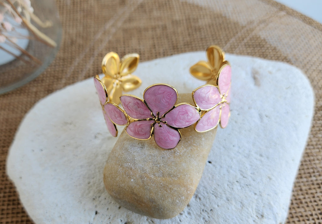Bracelet jonc ajustable fleurs rose