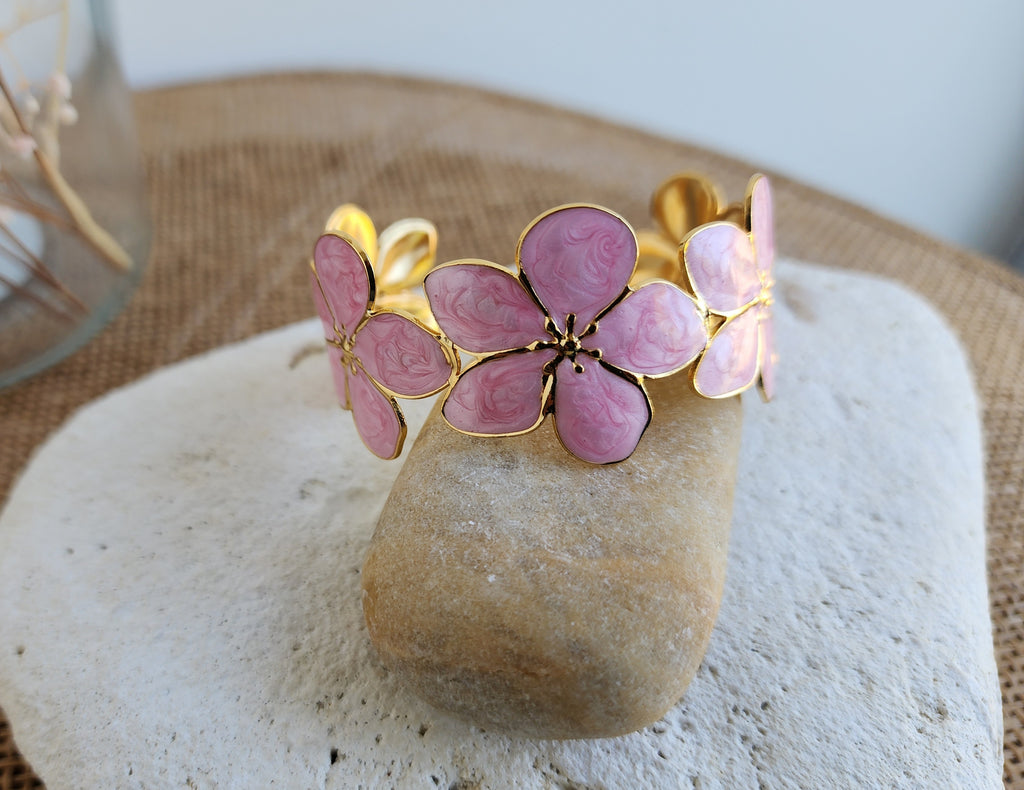 Bracelet jonc ajustable fleurs rose