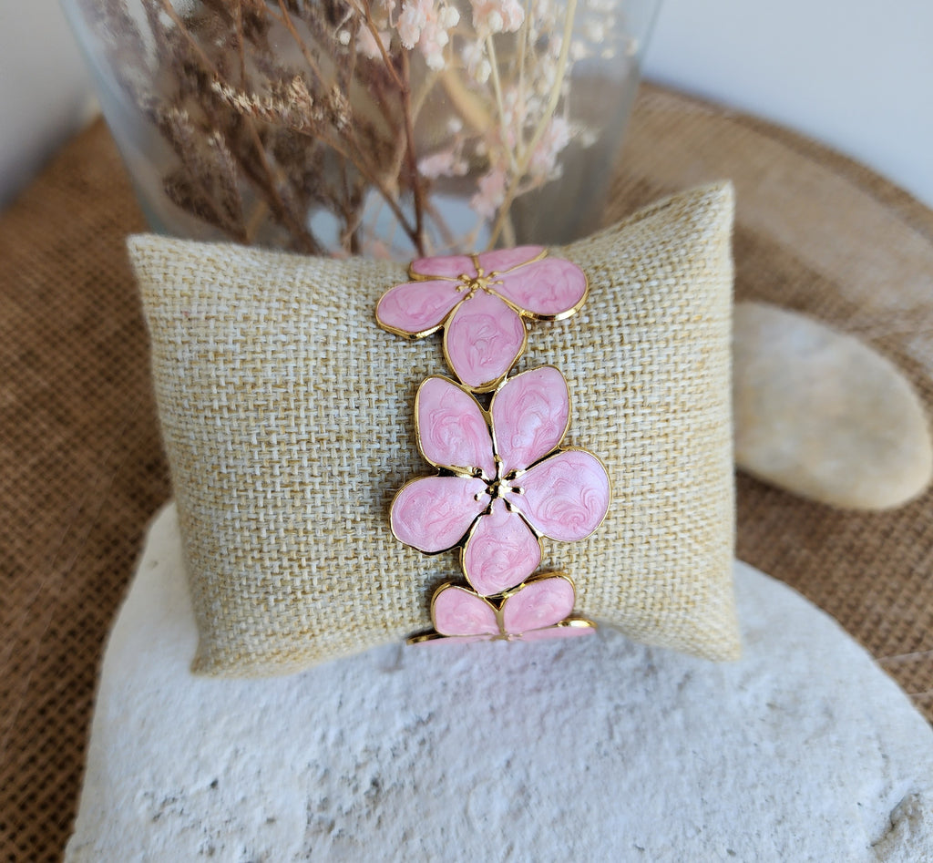 Bracelet jonc ajustable fleurs rose