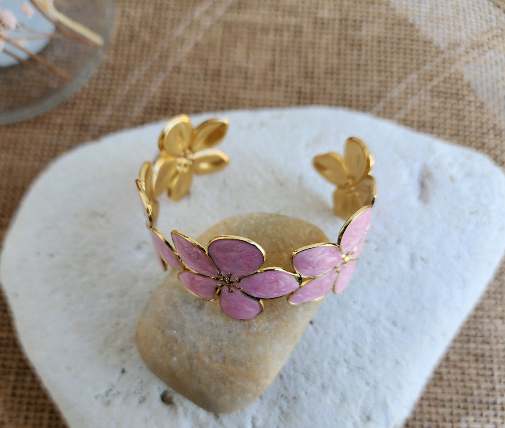 Bracelet jonc ajustable fleurs rose
