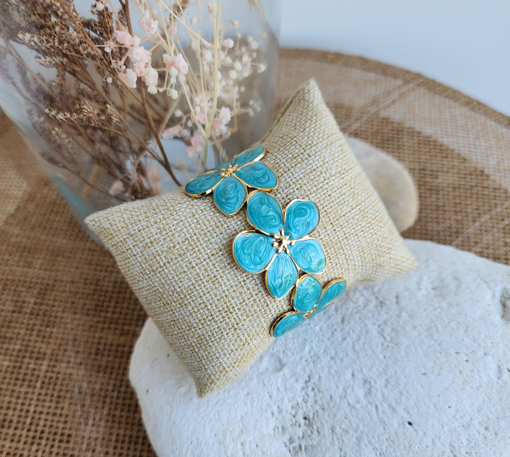 Bracelet jonc ajustable fleurs bleues